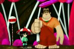  1boy 1girl black_hair candy child highres lydi-lydi_(jes) mismatched_legwear overalls parody ponytail striped striped_legwear tonari_no_totoro tron_bonne_(lydilydi) umbrella vanellope_von_schweetz wreck-it_ralph wreck-it_ralph_(character) 