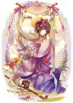  boots branch brown_hair butterfly fan floral_print flower folding_fan interlocked_fingers japanese_clothes kimono kirimu_rate original petticoat purple_eyes ribbon scarf shippou_(pattern) short_hair sitting smile solo traditional_clothes violet_eyes 