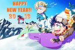  2013 :d arbok black_hair blonde_hair bomber_hat caesar_anthonio_zeppeli chibi facial_mark fingerless_gloves gloves green_eyes grin happy_new_year headband jacket jojo_no_kimyou_na_bouken joseph_joestar_(young) kuma86 lisa_lisa new_year open_mouth pokemon pokemon_(creature) scarf serperior smile snake snow tuque 