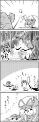  4koma 6+boys arms_up baseball baseball_bat comic gap hat hat_ribbon highres long_hair monochrome multiple_boys multiple_girls ribbon sin_sack smile tani_takeshi touhou translated translation_request yakumo_yukari yukkuri_shiteitte_ne 