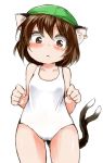  animal_ears brown_eyes brown_hair cat_ears cat_tail chen hat multiple_tails nanana_(chicken_union) one-piece_swimsuit short_hair solo swim_cap swimsuit tail touhou white_swimsuit 