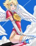  :o angel_wings armor blonde_hair blue_eyes blush boots breath_of_fire breath_of_fire_i elbow_gloves gloves hairband highres leotard nina_(breath_of_fire_i) r_n_(kisaragiyurii) short_hair sitting solo thigh-highs thighhighs wariza white_wings wings 