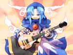  1girl blue_eyes blue_hair citolo dress electric_guitar guitar hood instrument jewelry kumoi_ichirin open_mouth pendant short_hair smile touhou unzan 