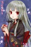  2013 ama-tou bottle face grey_hair highres holding japanese_clothes kimono long_hair low_twintails new_year open_mouth original red_eyes solo 