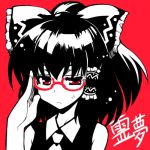  anger_vein bespectacled bow glasses hair_bow hair_tubes hakurei_reimu lowres mikagami_sou monochrome red_background red_eyes short_hair simple_background solo touhou 