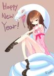  argyle argyle_legwear brown_eyes brown_hair monogatari_(series) new_year riccae sengoku_nadeko snake sock_pull socks solo undressing 