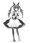  animal_ears blush cat_ears drill_hair faris_nyannyan greyscale hands_clasped long_hair looking_at_viewer maid_headdress monochrome pantyhose puyo simple_background smile solo steins;gate twin_drills waitress 