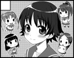  :3 :d blush cardigan chibi_inset circle_cut hair_ornament hairclip hanawa_kaoru lowres miyoshi_chihiro mizuki_gyokuran momoneko-sama monochrome multiple_girls musical_note o3o okazaki_norie open_cardigan open_mouth ponytail sakurada_maon sawatari_fuu school_uniform serafuku skirt smile solid_circle_eyes tamayura 