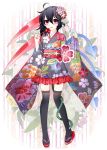  2013 ahoge alternate_costume asymmetrical_wings bamboo black_hair black_legwear blush bow candy candy_apple fang floral_print flower frills hair_flower hair_ornament highres houjuu_nue japanese_clothes kimono lollipop new_year open_mouth red_eyes sandals seigaiha short_hair smile snake solo suzume_miku thigh-highs thighhighs touhou wide_sleeves wings zettai_ryouiki 