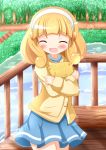  blonde_hair blush book cardigan closed_eyes eyes_closed forest hairband highres kise_yayoi nature open_mouth precure short_hair skirt smile smile_precure! solo water zenon_(for_achieve) 