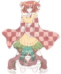  all_fours animal_ears apron bell boots checkered clothes_writing cross-laced_footwear gangnam_style green_hair grin hair_bell hair_ornament jingle_bell kasodani_kyouko lace-up_boots long_sleeves motoori_kosuzu multiple_girls parody red_eyes red_hair redhead sariteru short_hair skirt smile sunglasses touhou two_side_up unmoving_pattern wide_sleeves 