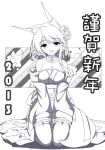  1girl 2013 animal_ears breasts chinese cleavage copyright_request detached_sleeves fatkewell fox_ears fox_tail frilled_legwear happy_new_year japanese_clothes kimono kneeling lineart monochrome new_year tail thigh-highs thighhighs translated 