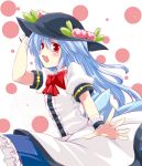  :d blue_hair blush favfavver2 food fruit hand_on_hat hat highres hinanawi_tenshi long_hair open_mouth peach red_eyes smile solo touhou wrist_cuffs 