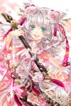  blue_eyes blush detached_sleeves flower hair_ornament instrument long_hair open_mouth original petals ran_(artist) smile solo traditional_clothes white_hair 