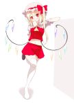  ascot blonde_hair blush bow flandre_scarlet hair_bow hat midriff mouth_hold navel red_eyes short_hair simple_background skirt skirt_set solo standing_on_one_leg thigh-highs thighhighs toast toast_in_mouth touhou usotsukiya white_background white_legwear wings wrist_cuffs 