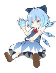  1girl akisha blue_eyes blue_hair bow cirno dress hair_bow ice ice_wings ribbon short_hair smile solo touhou white_background wings 
