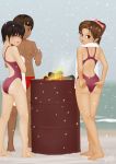  1boy 2girls acerbi black_eyes black_hair brown_eyes brown_hair campfire competition_swimsuit dated drum drum_(container) fire fundoshi instrument multiple_girls one-piece_swimsuit original ponytail short_hair snow swimsuit warming 