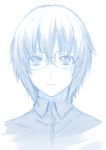  blue blush copyright_request expressionless glasses looking_at_viewer monochrome portrait puyo rough short_hair simple_background solo 