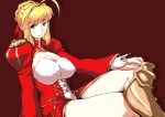  ahoge blonde_hair breasts cleavage crossed_legs donson fate/extra fate_(series) green_eyes large_breasts legs_crossed looking_at_viewer saber_extra short_hair sitting solo 