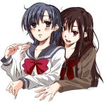  2girls ako bangs bishoujo_senshi_sailor_moon black_hair blue_eyes blue_hair bowtie bust hand_on_shoulder hino_rei long_hair long_sleeves mizuno_ami multiple_girls open_mouth parted_bangs parted_lips red_eyes school_uniform serafuku short_hair white_background 