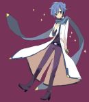  blue_eyes blue_hair boots coat headset kaito kaito_(vocaloid3) looking_at_viewer male scarf smile solo sparkle vocaloid yoshiki 