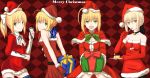  :d absurdres ahoge avalon_(fate/stay_night) bell blonde_hair bow breasts choker christmas cleavage detached_sleeves eating fate/extra fate/stay_night fate/unlimited_codes fate_(series) gift gloves green_eyes hair_bow hair_ribbon hat highres looking_back merry_christmas mistletoe mp31097 multiple_girls multiple_persona open_mouth pudding ribbon saber saber_alter saber_extra saber_lily santa_costume santa_hat smile thigh-highs thighhighs yellow_eyes 