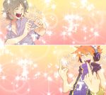  ^_^ bare_shoulders closed_eyes collarbone eyes_closed headphones heart heart_hands highres jewelry kiryuu_yoshiya laughing middle_finger multiple_boys open_mouth orange_hair pendant purple_hair sakuraba_neku shirt short_sleeves sleeveless smile sparkle spiked_hair spiky_hair split_screen subarashiki_kono_sekai 