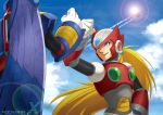  airplane android armor back blonde_hair blue_eyes helmet jet long_hair metal_wings multiple_boys ponytail robot rockman rockman_x smile storm_eagle very_long_hair wakky wings zero_(rockman) 