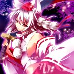  amamorient animal_ears bare_shoulders detached_sleeves hat inubashiri_momiji petals red_eyes shield short_hair silver_hair smile solo sword tokin_hat touhou weapon wolf_ears 