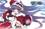 artist_request ban capelet celia_(chaos_code) chaos_code christmas detached_sleeves hairband hat highres long_hair mittens official_art purple_hair red_eyes santa_costume santa_hat smile solo star very_long_hair 