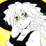  bespectacled braid female glasses hat kirisame_marisa long_hair lowres mikagami_sou monochrome side_braid simple_background single_braid solo touhou witch_hat yellow_background yellow_eyes 