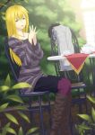  bag blonde_hair blush boots chair coat cup hands_together highres jewelry juu_ho leaf long_hair necklace open_mouth original pantyhose purple_legwear purse saucer sitting smile solo steepled_fingers table teacup teapot yellow_eyes 