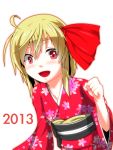  2013 :d ahoge blush highres japanese_clothes kimono looking_at_viewer new_year obi open_mouth rumia s-ghost smile solo touhou white_background 