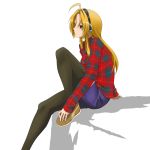  ahoge akou_(phoenix777) black_legwear blonde_hair blush brown_eyes contemporary denim denim_shorts fashion frown headphones highres legwear_under_shorts long_hair oda_nobuna oda_nobuna_no_yabou pantyhose plaid plaid_shirt shorts sitting solo tennis_shoes 