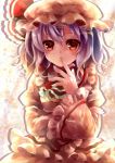  blush dress finger_to_mouth hat hat_ribbon long_sleeves looking_at_viewer open_mouth puracotte purple_hair red_eyes remilia_scarlet ribbon short_hair solo touhou 