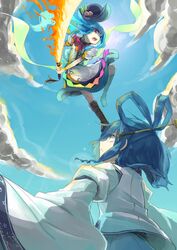  adapted_costume apron battle blue_eyes blue_hair cloud clouds dress food fruit hair_rings hair_stick hat hinanawi_tenshi kaku_seiga lens_flare long_hair multiple_girls peach red_eyes sword sword_of_hisou tai0201 touhou weapon 