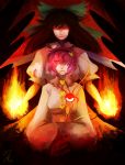  bow brown_hair evil_smile eyeball fire flame hair_bow hair_over_one_eye hairband hands_in_sleeves heart highres kelbremdusk komeiji_satori long_hair multiple_girls pink_hair red_eyes reiuji_utsuho short_hair signature smile string touhou wide_sleeves 