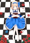  alice_margatroid alice_margatroid_(pc-98) ascot blonde_hair blue_dress blue_eyes book bow checkered checkered_floor dress flower grimoire hair_bow highres juliet_sleeves long_sleeves nanatuki13 pantyhose petals puffy_sleeves rose short_hair sitting smile touhou touhou_(pc-98) white_legwear 