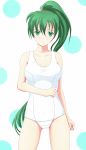  co-de fire_emblem fire_emblem:_rekka_no_ken green_eyes green_hair highres long_hair lyndis_(fire_emblem) ponytail school_swimsuit solo swimsuit white_school_swimsuit 