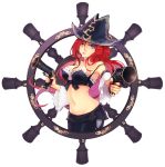  aiming blue_eyes breasts cleavage dual_wielding gun hat league_of_legends long_hair midriff navel red_hair redhead sarah_fortune solo soul4444 steering_wheel weapon 