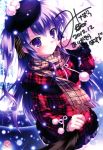  2012 autographed blush dated hat highres long_hair looking_at_viewer mikeou one_side_up original plaid plaid_scarf purple_eyes scarf signature skirt snow violet_eyes 