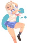  arumi_(arumi-ke) blonde_hair blue_eyes leg_up original school_uniform serafuku short_hair skirt smile tan 