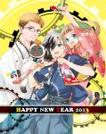  2013 2boys aqua_eyes arm_up black_hair blue_eyes brown_hair cat elle_mel_martha food fruit gears glasses happy_new_year japanese_clothes julius_will_kresnik kimono ludger_will_kresnik lulu_(tales_of_xillia_2) mako_(ikuji-san) multicolored_hair multiple_boys obi orange smile tales_of_(series) tales_of_xillia tales_of_xillia_2 two-tone_hair white_hair yellow_background 