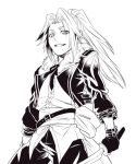  belt coat gloves grin ibal long_hair male miho_(mi) monochrome ponytail smile solo sword tales_of_(series) tales_of_xillia tales_of_xillia_2 weapon white_background 