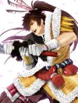  1boy armor brown_eyes brown_hair feathers long_hair maeda_keiji mitsuki_mitsuno petals ponytail samurai sengoku_basara solo sword weapon 