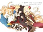  :d ^_^ ankle_lace-up azami_(kagerou_project) bandage bandages black_hair blonde_hair blush closed_eyes cross-laced_footwear dress eyes_closed flower hair_flower hair_ornament happy happy_new_year hug kagerou_project long_hair mary_(kagerou_project) mother_and_daughter nori9605 open_mouth red_eyes ribbon shion_(kagerou_project) smile souzou_forest_(vocaloid) 