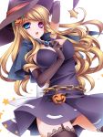  black_panties blonde_hair blue_eyes blush bow breasts chain chains cleavage dress elbow_gloves garters gloves halloween hat heterochromia highres jack-o&#039;-lantern jack-o'-lantern large_breasts long_hair looking_at_viewer moneti_(daifuku) open_mouth original panties pumpkin purple_eyes solo thigh-highs thighhighs underwear violet_eyes witch_hat 