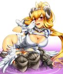  blonde_hair breasts cherry cleavage food fruit gloves highres horns long_hair looking_at_viewer lucifer red_eyes seiza sitting solo tongue umakatsuhai 
