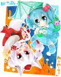  2girls animal_ears backpack bag blue_eyes blue_hair chibi hair_bobbles hair_ornament hat highres inubashiri_momiji kaenuco kawashiro_nitori key multiple_girls red_eyes short_hair smile sword tail touhou twintails umbrella weapon white_hair wolf_ears wolf_tail 