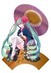  flower green_eyes green_hair hair_flower hair_ornament hashi_moto hatsune_miku japanese_clothes kimono lace lace-trimmed_thighhighs long_hair medusa obi oriental_umbrella sitting smile snake solo thigh-highs thighhighs twintails umbrella very_long_hair vocaloid 